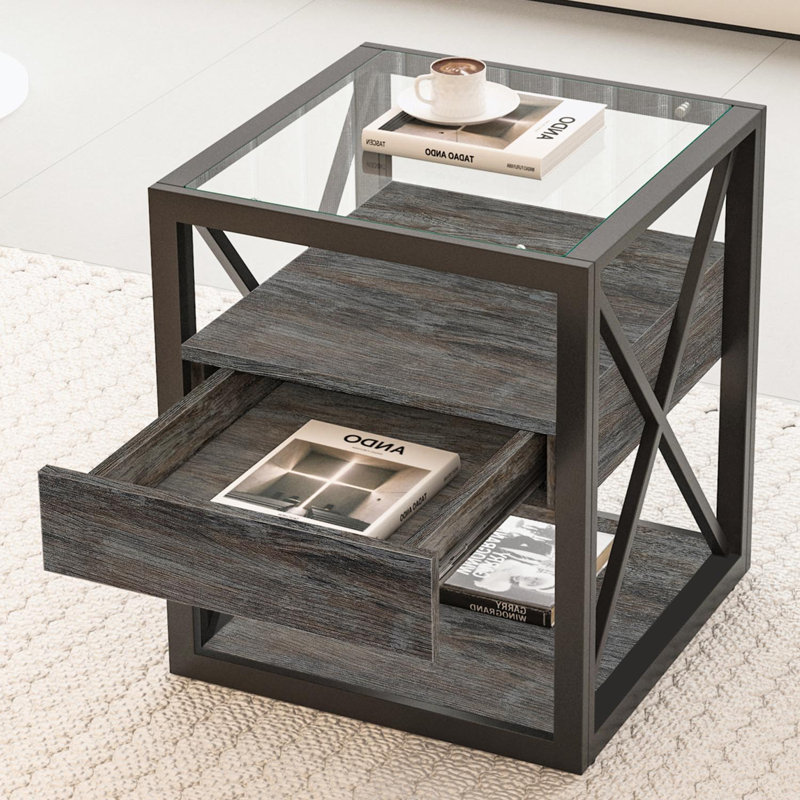 End Table with glass table top, drawer and open Shelf