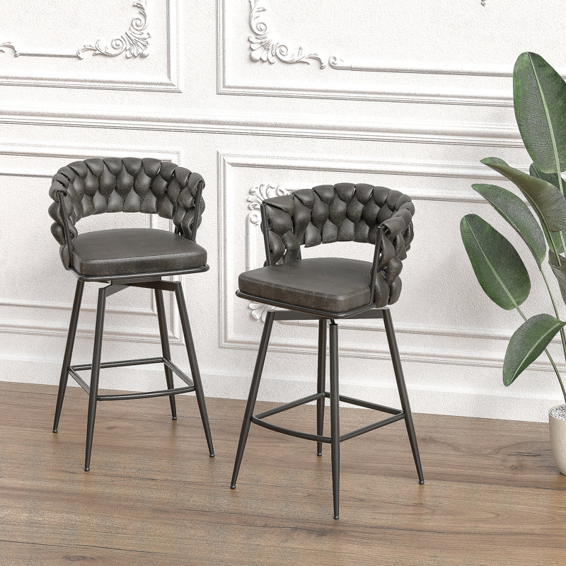 Ensemble de 2 tabourets de bar 28 po en cuir tressé en cuir technique avec pieds noirs, pas d'îlot de cuisine réglable, 360 tabourets de bar pivotants avec repose-pieds à dossier (brun clair)