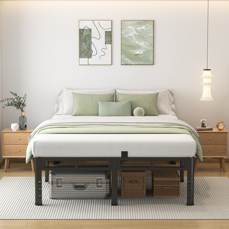 18 Inch Bed Frame, Double Layer Metal Bed Frame with Round Corner Legs, 4000LBS Bed Frame & Box Spring 2 in 1 Platform with Headboard Holes Mattress Baffles