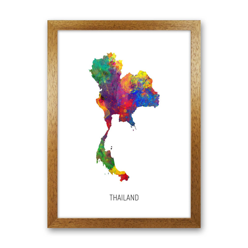 Thailand Watercolour Map by Michael Tompsett - Print, 63cm H x 46cm W x 3cm D, Brown Framed