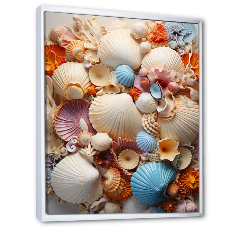 «Beach Photo Seashell Collage I», impressions sur toile d'animaux côtiers, H 20 po x l 12 po x P 1 po, Cadre flottant blanc