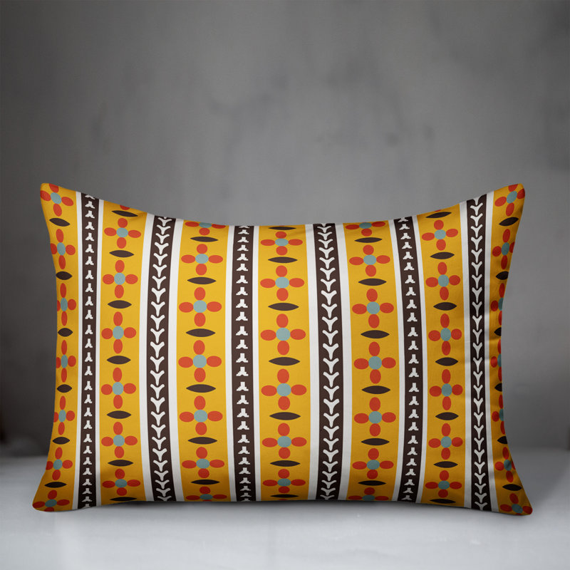 Folk Flower Striped Reversible Throw Pillow, Yellow