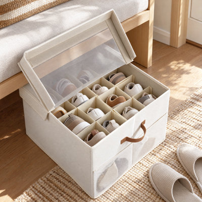 Boîte de rangement pour chaussures en tissu avec séparateurs réglables et couvercle, organisateur à 16 compartiments pour chaussures, serviettes, vêtements, jouets