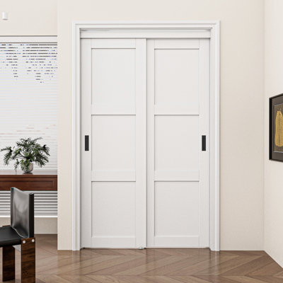 80" Manufactured Wood Paneled with Installation Hardware Kit Sliding Closet Doors & Black Handle