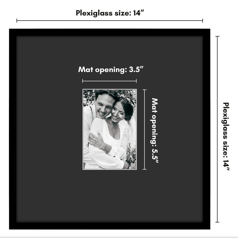  14x14 Picture Frame - Use as 4x6 Frame with Black Mat or 14x14 Frame Without Mat - Thin Photo Frame with Polished Plexiglass - Black