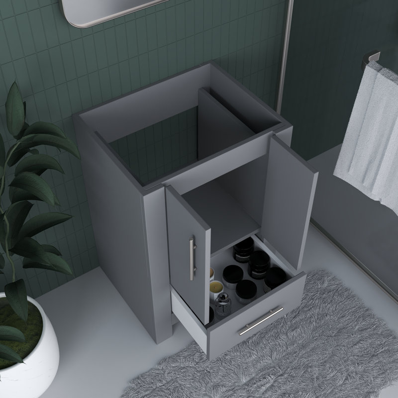 Meuble-lavabo moderne 24 po noir brillant avec poignées rondes en nickel brossé Boston, gris