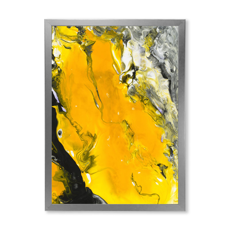 Jaune jaune, noir et blanc liquide Art VI - peinture sur toile, Cadre de coin argenté fermé, H 32 po x l 24 po x P 1 po