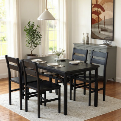  5-Piece Dining Table Set For 4 With Storage Rack, Farmhouse Wood Kitchen Table & Chairs Set With Metal Frame, Dining Room Table With 4 Curved Chairs For Breakfast Nook, Apartment