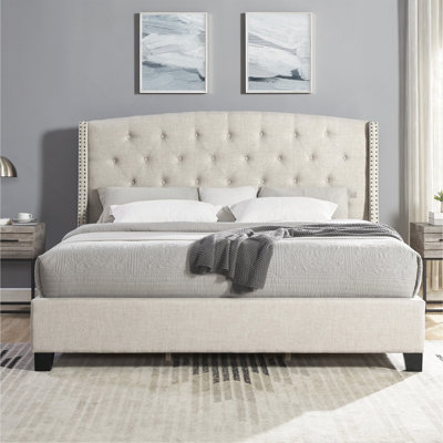 Nantarre Fabric Button Tufted Wingback Upholstered Bed With Nail Head Trim, Beige