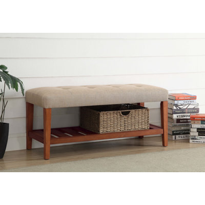 Banc en tissu beige et finition chêne