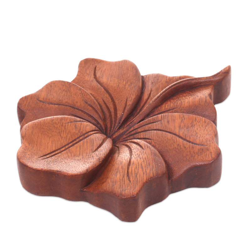 Panneau décoratif en bois sculpté à la main avec fleur d'hibiscus Knipe