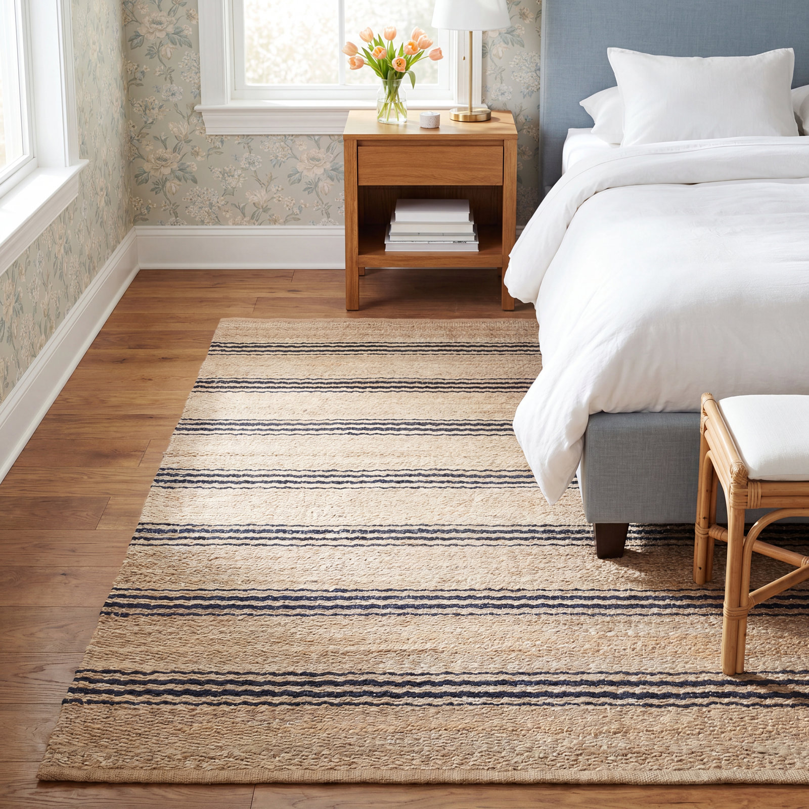 Jute Ticking Indigo Hand-Woven Striped Jute Rug, Rectangle 6' x 9'