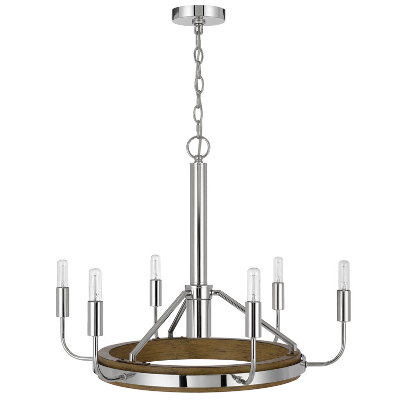 Saluda 6-Light Chrome and Oak Metal Chandelier with LED Downlight
