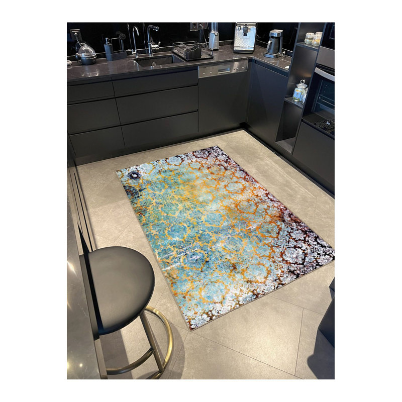 Tapis décoratif lavable à motif encadré Siesta, Tapis de couloir 4 pi 11 po x 9 pi 10 po
