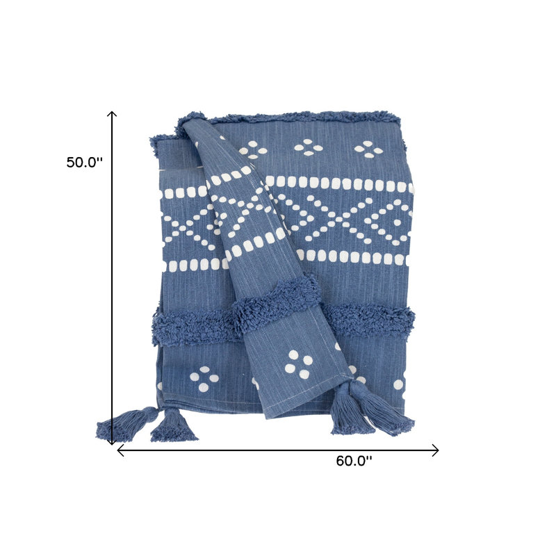 Jeté rayé en coton tissé bleu