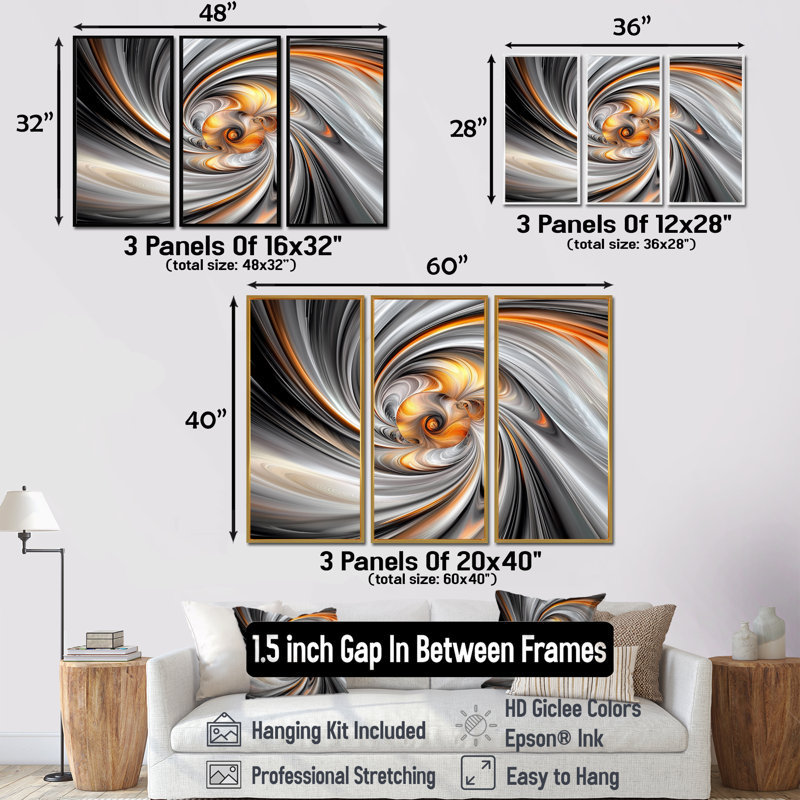 Fractal Grey Vortex Galactic Expansion I - Abstract  Fractal Wall Art Set, 28" H x 36" W, Floater Framed Print, Silver