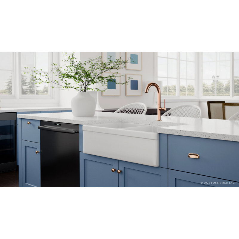 32.75" L x 19.88" W Double Basin Farmhouse Kitchen Sink with Accessories, Polished Rose Gold Accessories