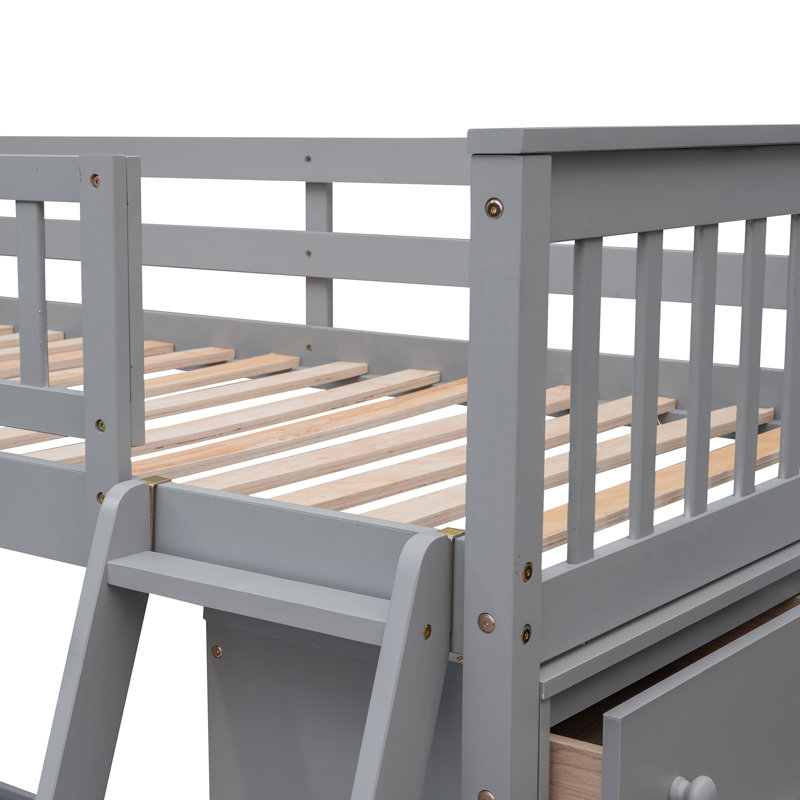 6 Drawers Twin Over Full L-shaped Bunk Bed With Shelves, Gray