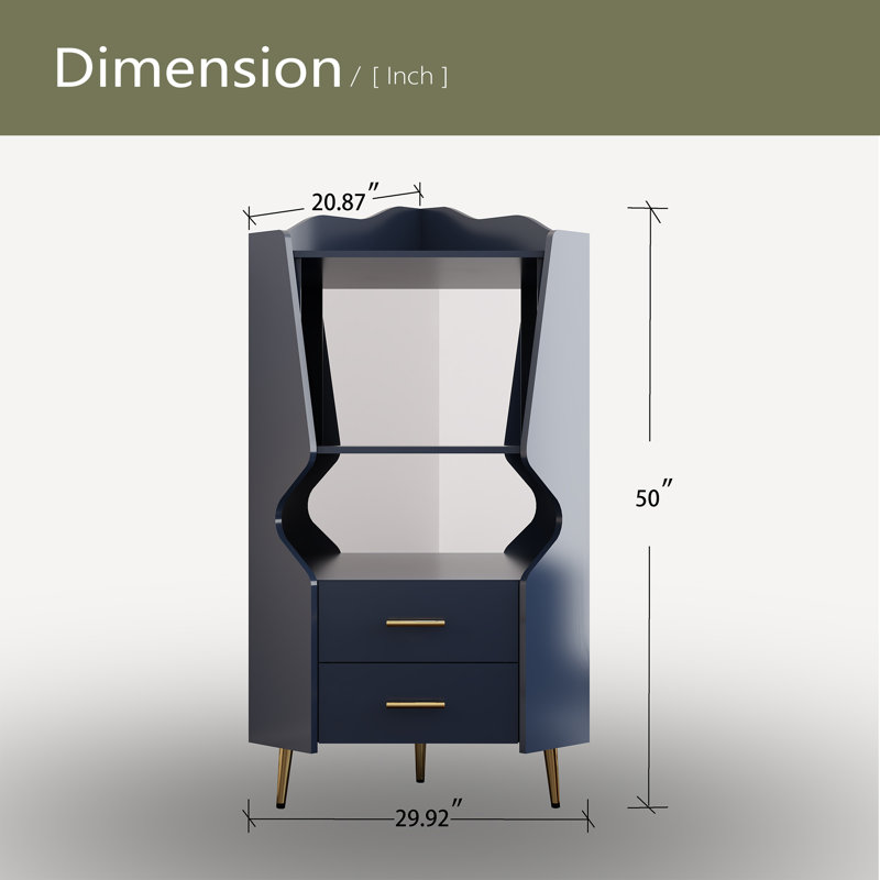 Armoire de bar en bois avec 2 tablettes de rangement ouvertes et 2 tiroirs, armoire à dossier en miroir, pieds et pieds hauts pour un nettoyage facile, armoire de buffet