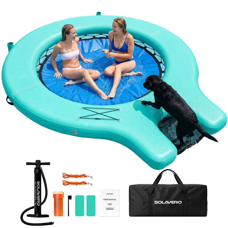 Inflatable Floating Dock With Boat Ramp, Mesh Water Hammock Lounger, 298CM Lake Float With Cup Holders, 3-4 Person Inflatable Platform For Pool, Sea, River, Party, Tanning, Pet-Friendly