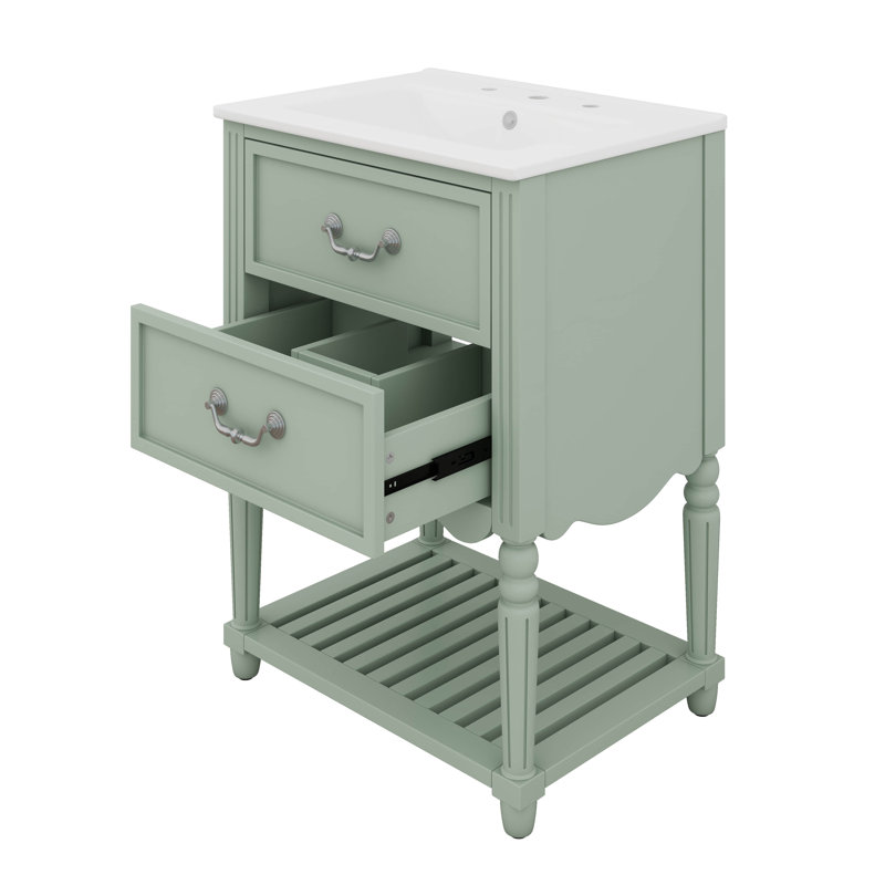 Meuble-lavabo de 24 po avec lavabo en céramique, armoire de rangement moderne avec deux tiroirs et une tablette ouverte, Vert
