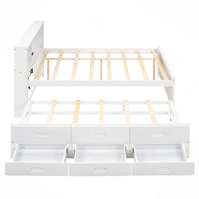 Lit moderne, lit plateforme avec tête de lit avec rangement, port USB, lit gigogne et 3 tiroirs