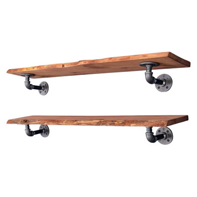 Tablette en bois Live Edge avec supports de tuyaux industriels - Tablette flottante fabriquée à la main pour le mur - Motifs de grain uniques et supports en acier - Décoration intérieure robuste et élégante