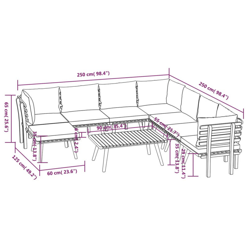 Chaise longue avec coussins 4 pièces Damita, 9 pièces: 3 en coin, 4 au milieu, repose-pieds, t