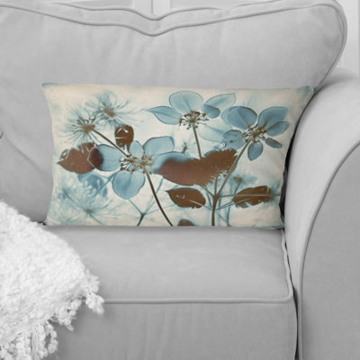 Vintage Botanical Flowers In Faded Retro Blue V - Abstract Botanicals Printed Throw Pillow
