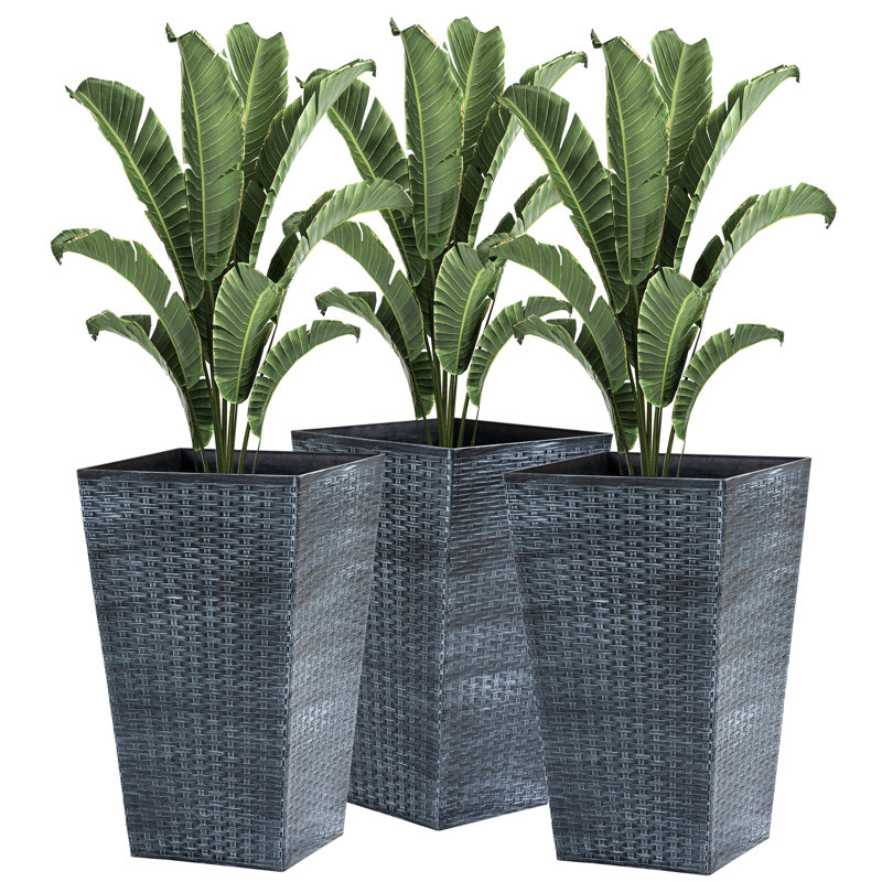 Outsunny Set Of 3 Tall Planters With Drainage Hole, Outdoor Flower Pots, Indoor Planters For Porch, Front Door, Entryway, Patio And Deck