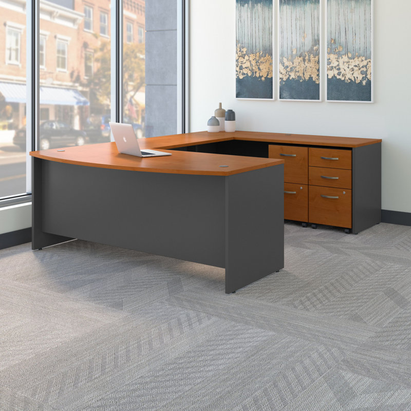 Series C 72W x 36D Bow Front U Shaped Desk with Mobile File Cabinets, Natural Cherry/Graphite Gray