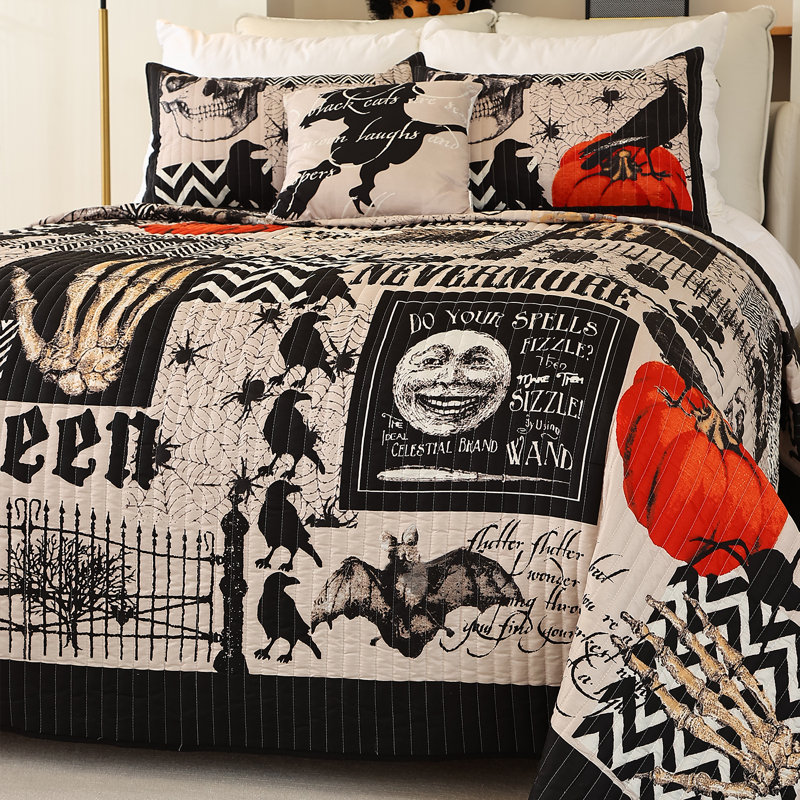 3 Piece 90"x90" Halloween Quilt Set Bedspread Set, Halloween Themed Reversible Bedding Set, Queen Quilt + 2 Standard Shams