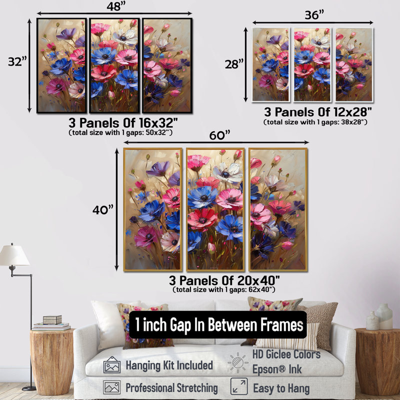 - Ensemble d'art mural bleuets, H 40 po x l 60 po x P 1 po, Toile avec cadre flottant noir
