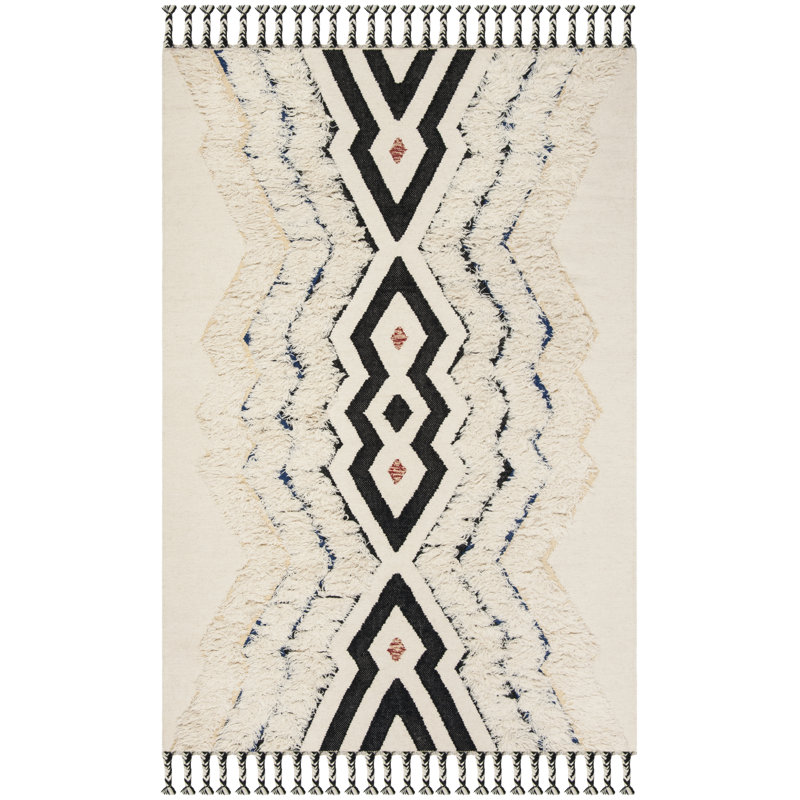 Ossineke Hand Knotted Wool/Cotton Southwestern Rug in Ivory/Black/Blue, Rectangle 5' x 8'