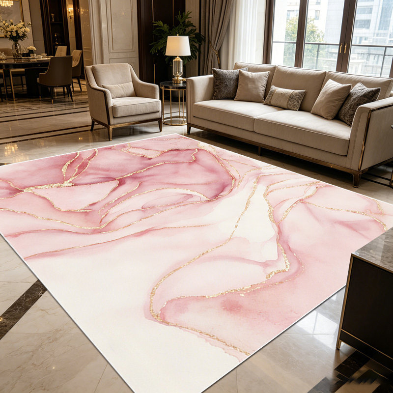 1PC Pink Floral Gold Frame Watercolor area rugs for Living Room, Soft and Comfortable, Suitable for all seasons, easy-to-maintain, machine washable Indoor floor mat, Under Table Farmhouse suitable for Bedroom, Dining Room, Entryway, Kitchen, Home