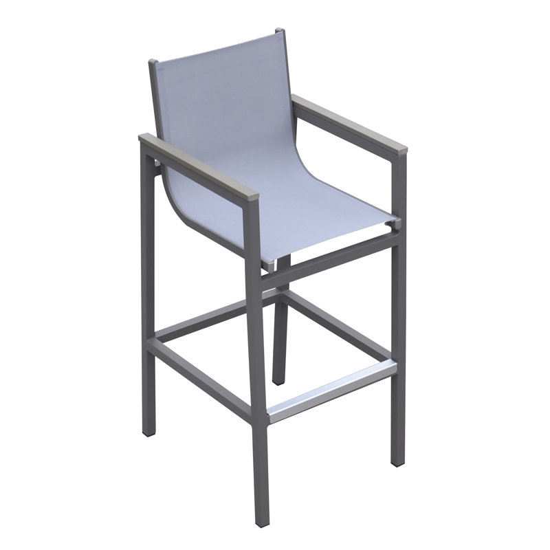 Aloys Outdoor Barstool in Gray Powder Coated Finish with Gray Sling PVC-coated polyester and Wood Accent Arms