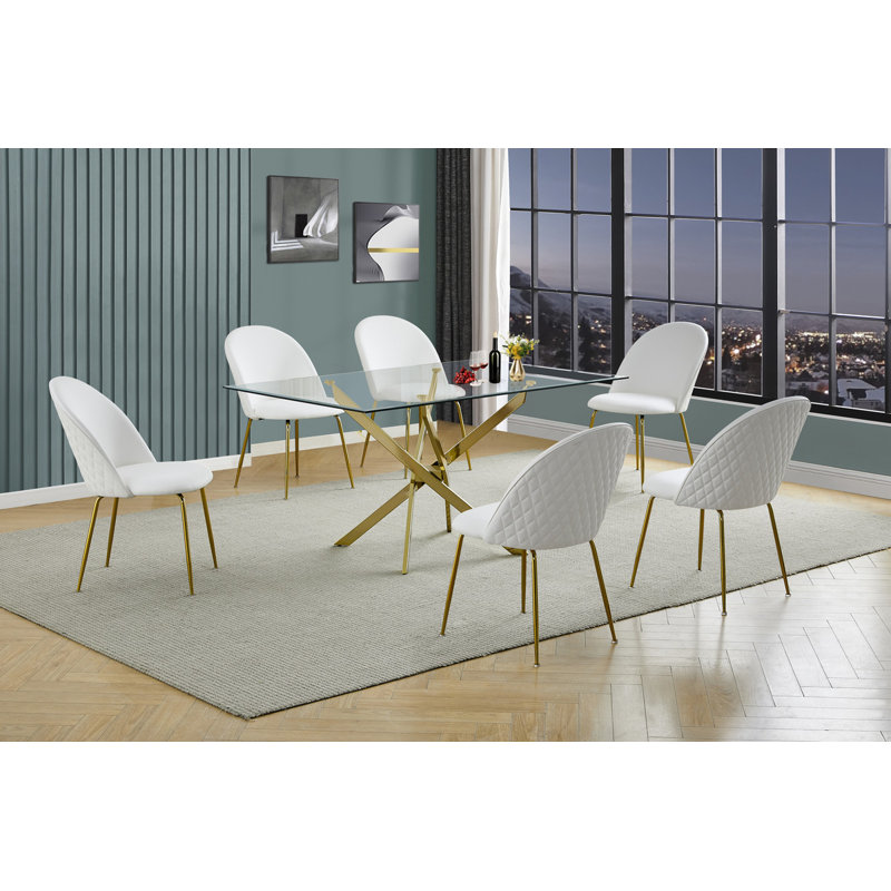 Ensemble de salle à manger en verre avec chaises d'appoint rembourrées et base en chrome doré, Crème, 7