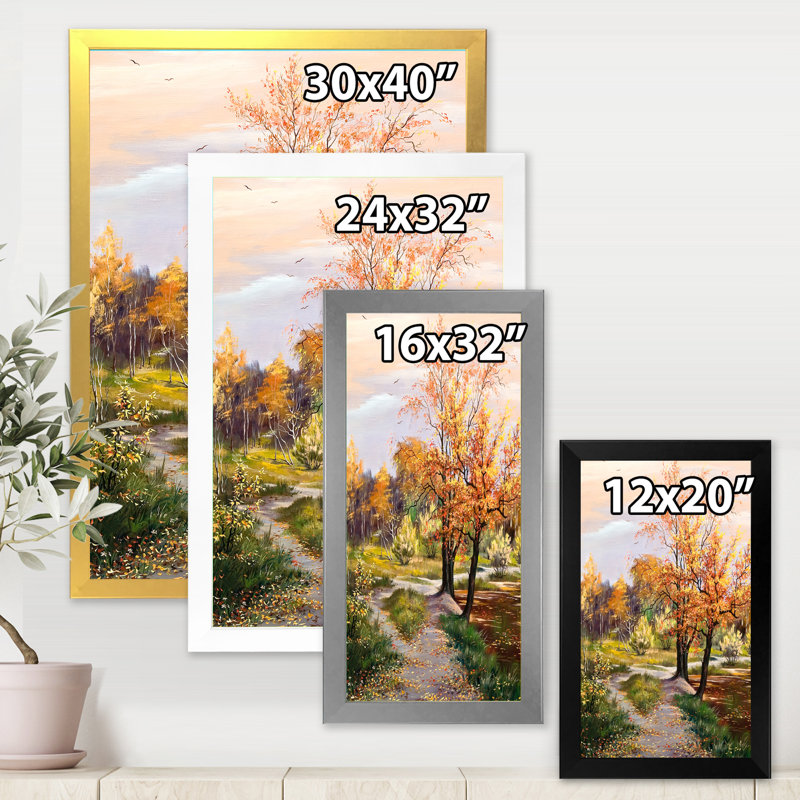 Rivière dans le bois orange - peinture sur toile, Cadre photo blanc, H 32 po x l 16 po x P 1 po