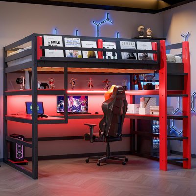 Full Size Wood Loft Bed With Desk,Side Storage Rack,Multi-Storage Shelves And RGB Light,Green