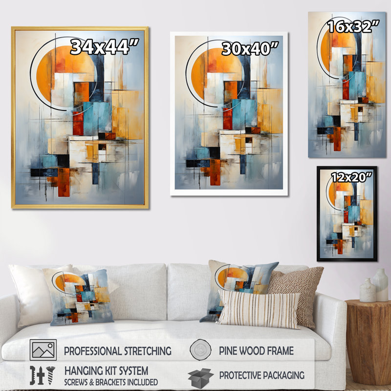 Cubisme orange et bleu, assemblage I - Cubisme, impressions encadrées, Cadre flottant doré, H 32 po x l 24 po
