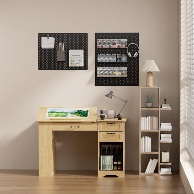 47.2'' Drafting Desk, Craft and Drawing Table Workstation with Tilting Drawing Board, Drafting Table with Slide-Out Tabletop and Drawers for Home Office, Bedroom, and Artist Studio