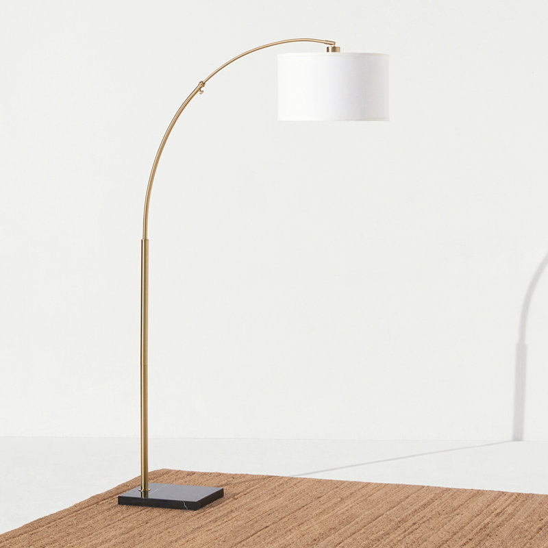 Logan 76" Modern Adjustable LED Arc Floor Lamp with Gold Finish, Black Marble Base, and White Fabric Drum Shade, Bulb Included
