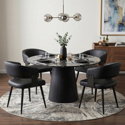 Mid-Century Modern Dining Chairs Set of 4, Faux Leather Upholstered Armchairs with Curved Barrel Back and Metal Legs for Kitchen and Dining Room