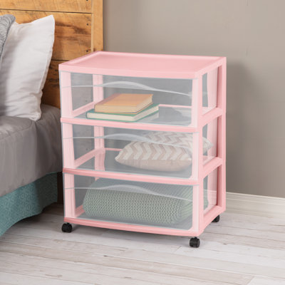Chariot de rangement large à 3 tiroirs Sterilite, chariot d'organisation en plastique, rose