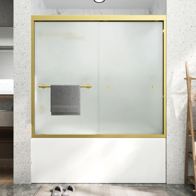 Porte de douche à double glissière en aluminium brossé de 55 po à 60 po x H 60 po en or brossé avec verre trempé givré de 1/4 po
