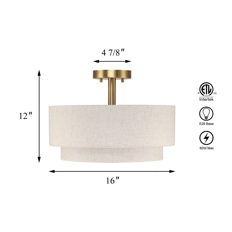 Plafonnier semi-encastré 3 lumières avec abat-jour tambour à 2 niveaux en laiton brossé pour le salon de la chambre à coucher