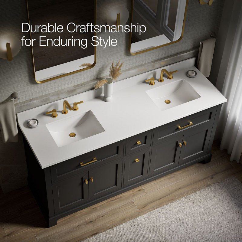 Charlemont 60 In. Bathroom Vanity Cabinet With Sinks And Quartz Top, Brushed Brass, Dark Warm Gray