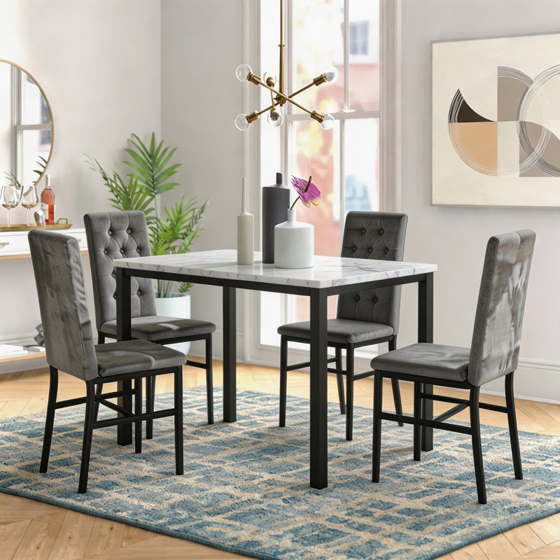 5-Piece Dininng Room Table Set with 4 Uphosltered Dining Chairs, Faux Marble Table Top and Robust Metal Frame Dining Table Set of 5, Space-Saving Design Dinette Set for Home Furniture Kitchen Restaurant