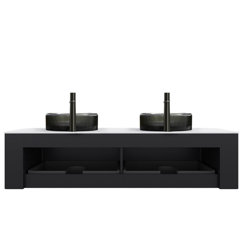 Meuble-lavabo de 152 cm avec 2 lavabos ronds en verre noir transparent, armoire de rangement, tiroirs, préassemblé, noir, fini rayé 3D, mécanisme de fermeture amortie des tiroirs, lavabos teintés