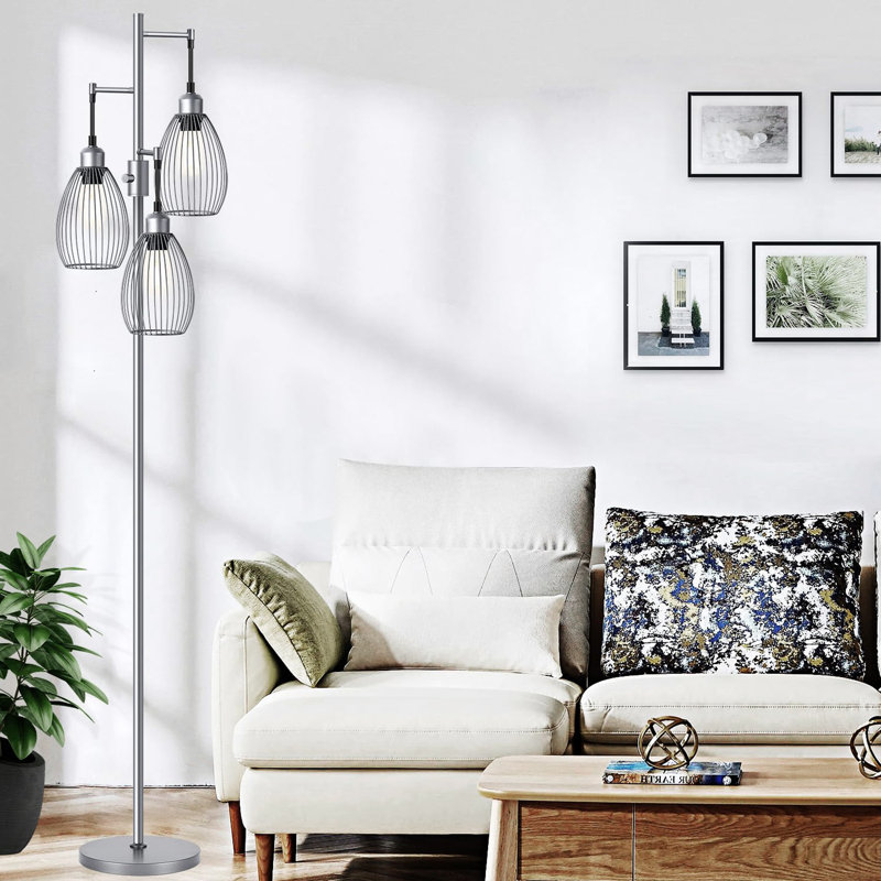 Farmhouse Industrial Floor Lamp Standing Tree Lamp With Elegant Teardrop Cage Tall Lamps, Gray